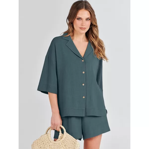 imageANRABESS Womens Summer 2 Piece Outfits Linen Sets Short Sleeve Button Tops Casual Lounge Shorts Sets with PocketsGrey Green