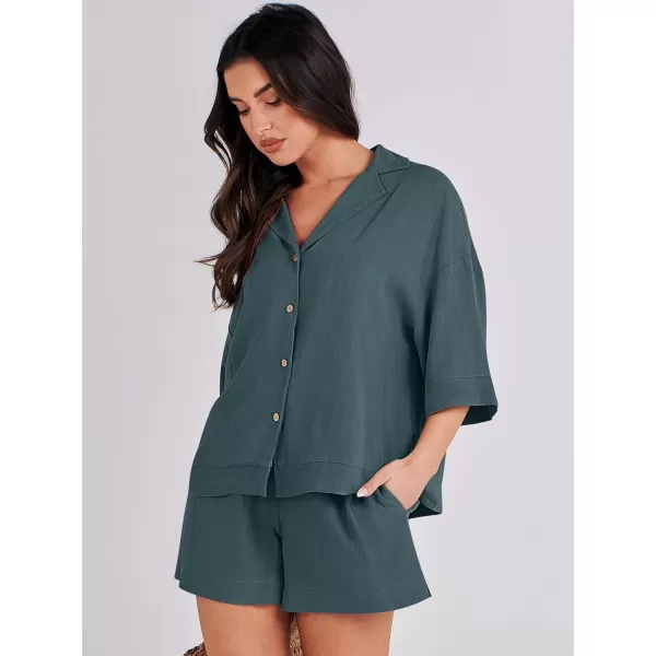 imageANRABESS Womens Summer 2 Piece Outfits Linen Sets Short Sleeve Button Tops Casual Lounge Shorts Sets with PocketsGrey Green