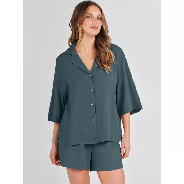 imageANRABESS Womens Summer 2 Piece Outfits Linen Sets Short Sleeve Button Tops Casual Lounge Shorts Sets with PocketsGrey Green
