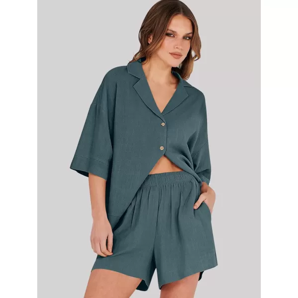 imageANRABESS Womens Summer 2 Piece Outfits Linen Sets Short Sleeve Button Tops Casual Lounge Shorts Sets with PocketsGrey Green