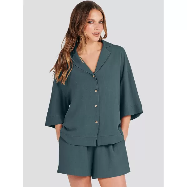 imageANRABESS Womens Summer 2 Piece Outfits Linen Sets Short Sleeve Button Tops Casual Lounge Shorts Sets with PocketsGrey Green