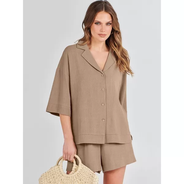 imageANRABESS Womens Summer 2 Piece Outfits Linen Sets Short Sleeve Button Tops Casual Lounge Shorts Sets with PocketsKhaki