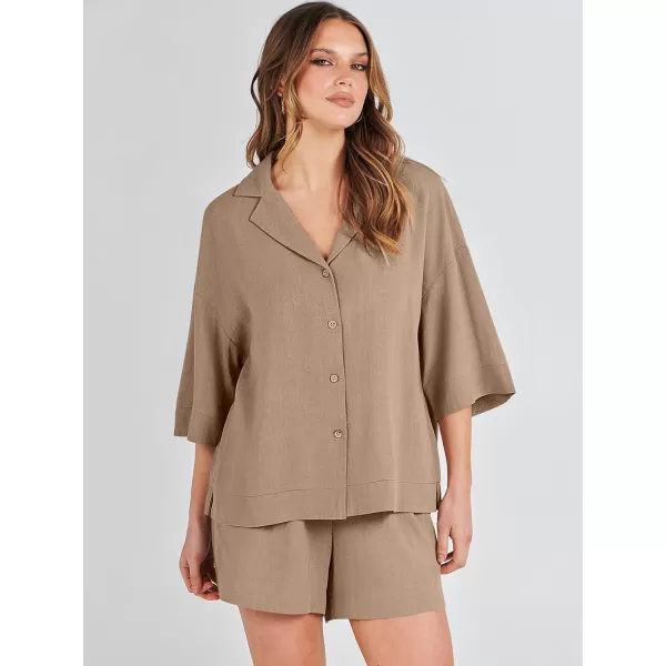 imageANRABESS Womens Summer 2 Piece Outfits Linen Sets Short Sleeve Button Tops Casual Lounge Shorts Sets with PocketsKhaki