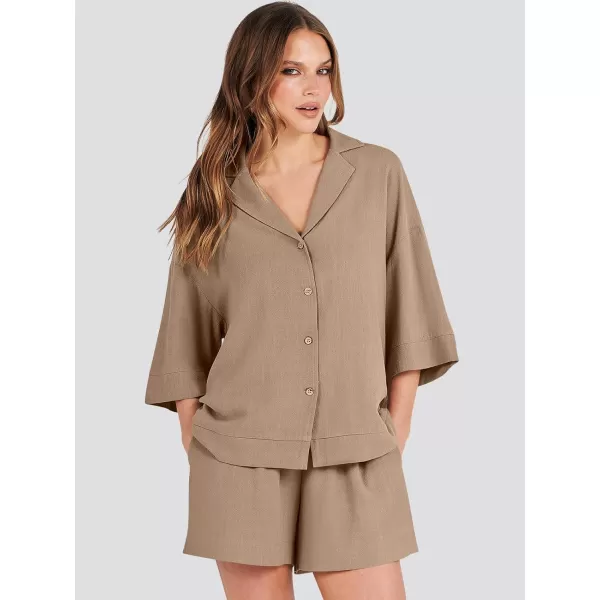 imageANRABESS Womens Summer 2 Piece Outfits Linen Sets Short Sleeve Button Tops Casual Lounge Shorts Sets with PocketsKhaki