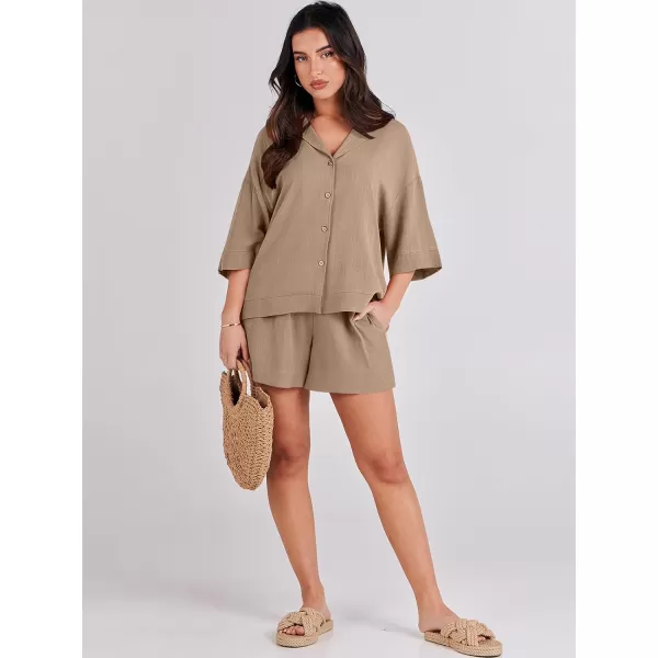 imageANRABESS Womens Summer 2 Piece Outfits Linen Sets Short Sleeve Button Tops Casual Lounge Shorts Sets with PocketsKhaki
