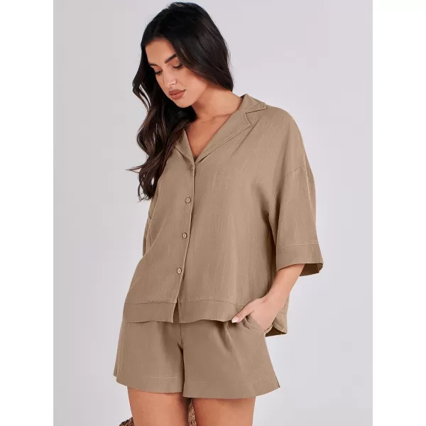 imageANRABESS Womens Summer 2 Piece Outfits Linen Sets Short Sleeve Button Tops Casual Lounge Shorts Sets with PocketsKhaki