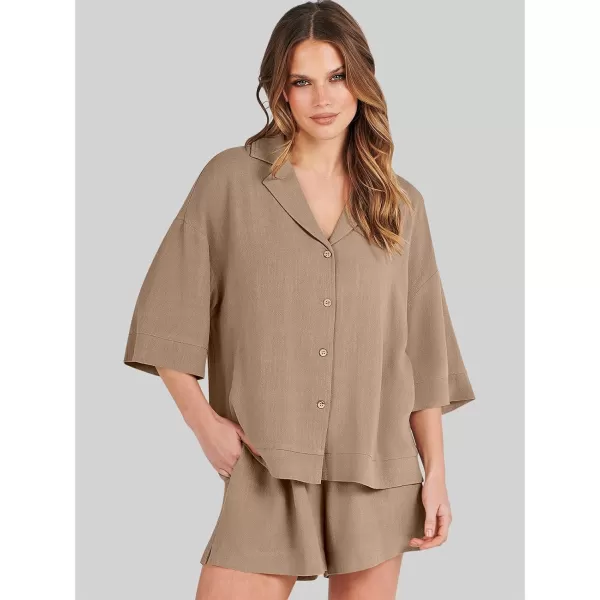imageANRABESS Womens Summer 2 Piece Outfits Linen Sets Short Sleeve Button Tops Casual Lounge Shorts Sets with PocketsKhaki
