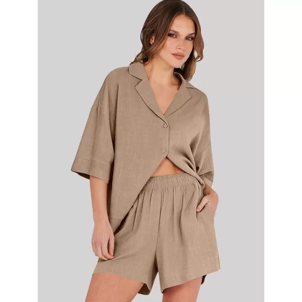 imageANRABESS Womens Summer 2 Piece Outfits Linen Sets Short Sleeve Button Tops Casual Lounge Shorts Sets with PocketsKhaki