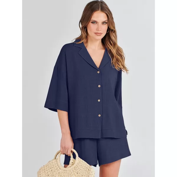 imageANRABESS Womens Summer 2 Piece Outfits Linen Sets Short Sleeve Button Tops Casual Lounge Shorts Sets with PocketsRoyal Blue