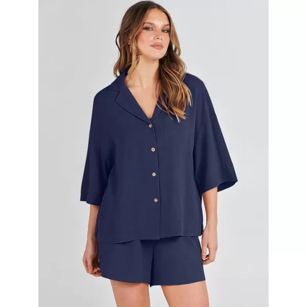 imageANRABESS Womens Summer 2 Piece Outfits Linen Sets Short Sleeve Button Tops Casual Lounge Shorts Sets with PocketsRoyal Blue