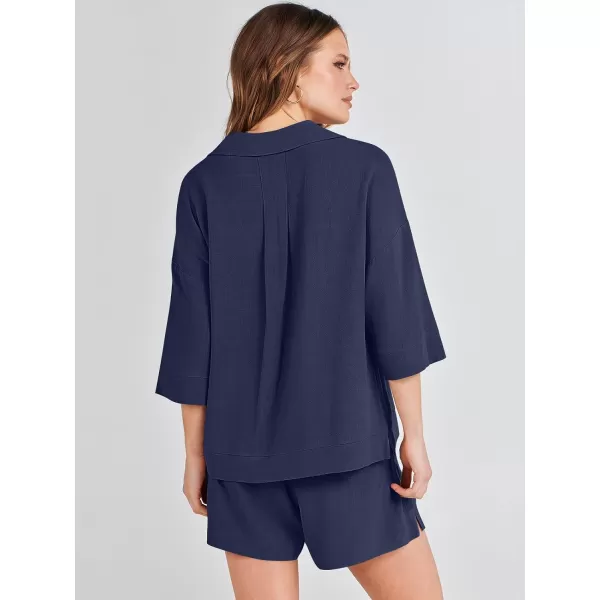 imageANRABESS Womens Summer 2 Piece Outfits Linen Sets Short Sleeve Button Tops Casual Lounge Shorts Sets with PocketsRoyal Blue