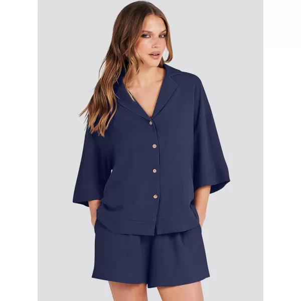 imageANRABESS Womens Summer 2 Piece Outfits Linen Sets Short Sleeve Button Tops Casual Lounge Shorts Sets with PocketsRoyal Blue