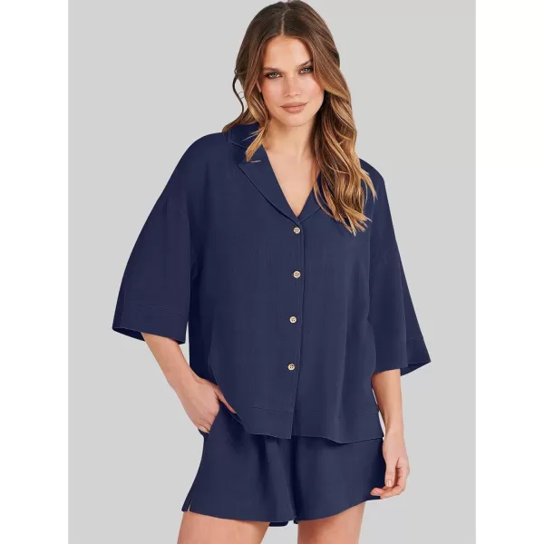 imageANRABESS Womens Summer 2 Piece Outfits Linen Sets Short Sleeve Button Tops Casual Lounge Shorts Sets with PocketsRoyal Blue