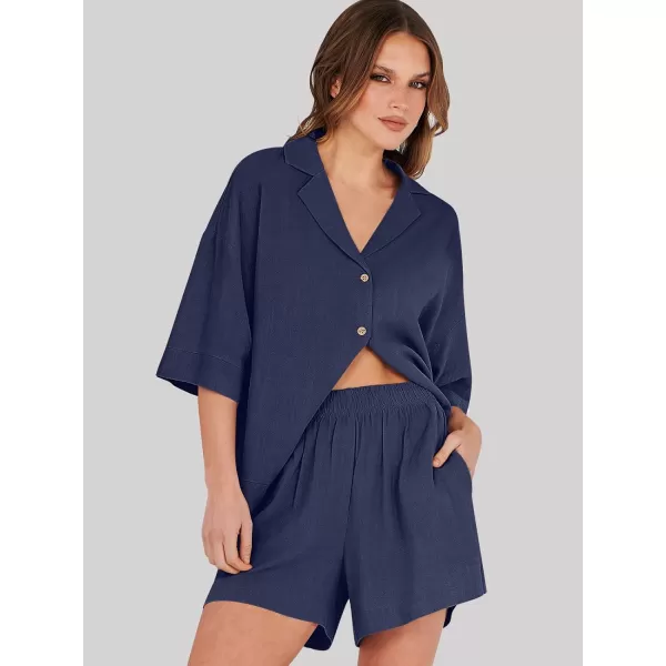 imageANRABESS Womens Summer 2 Piece Outfits Linen Sets Short Sleeve Button Tops Casual Lounge Shorts Sets with PocketsRoyal Blue