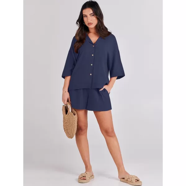 imageANRABESS Womens Summer 2 Piece Outfits Linen Sets Short Sleeve Button Tops Casual Lounge Shorts Sets with PocketsRoyal Blue