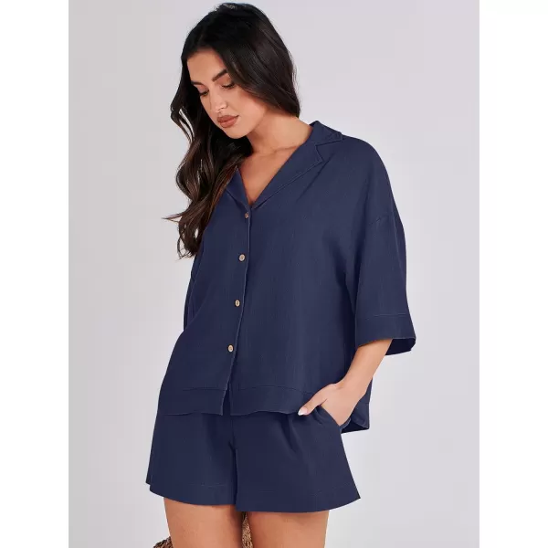 imageANRABESS Womens Summer 2 Piece Outfits Linen Sets Short Sleeve Button Tops Casual Lounge Shorts Sets with PocketsRoyal Blue
