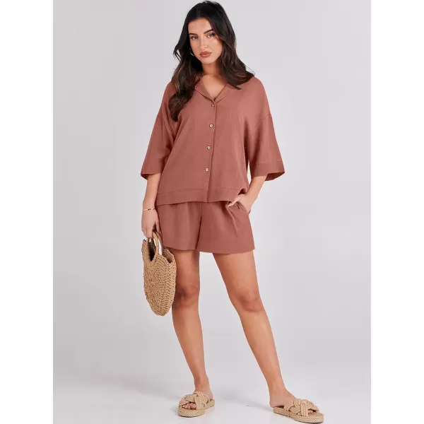 imageANRABESS Womens Summer 2 Piece Outfits Linen Sets Short Sleeve Button Tops Casual Lounge Shorts Sets with PocketsRust