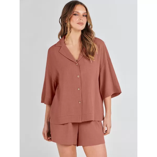 imageANRABESS Womens Summer 2 Piece Outfits Linen Sets Short Sleeve Button Tops Casual Lounge Shorts Sets with PocketsRust