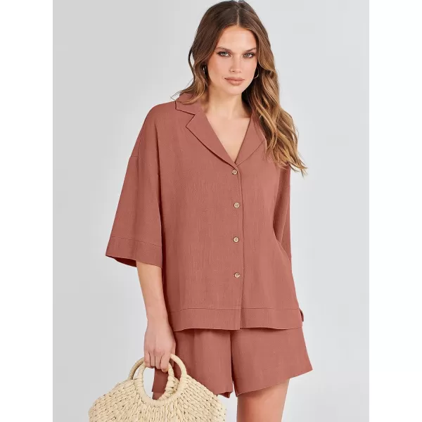 imageANRABESS Womens Summer 2 Piece Outfits Linen Sets Short Sleeve Button Tops Casual Lounge Shorts Sets with PocketsRust