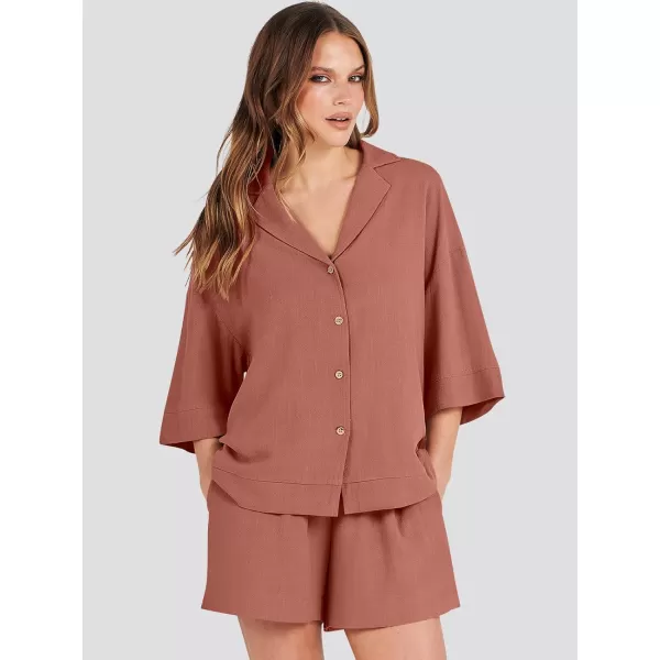imageANRABESS Womens Summer 2 Piece Outfits Linen Sets Short Sleeve Button Tops Casual Lounge Shorts Sets with PocketsRust