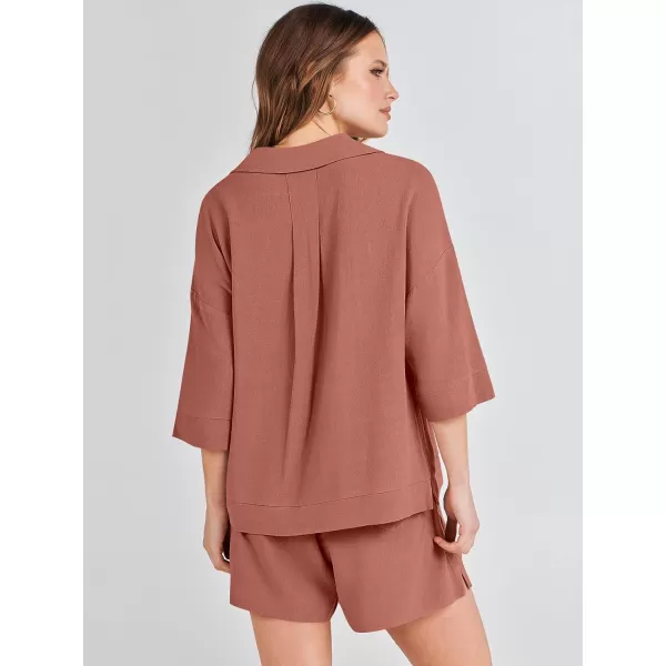 imageANRABESS Womens Summer 2 Piece Outfits Linen Sets Short Sleeve Button Tops Casual Lounge Shorts Sets with PocketsRust