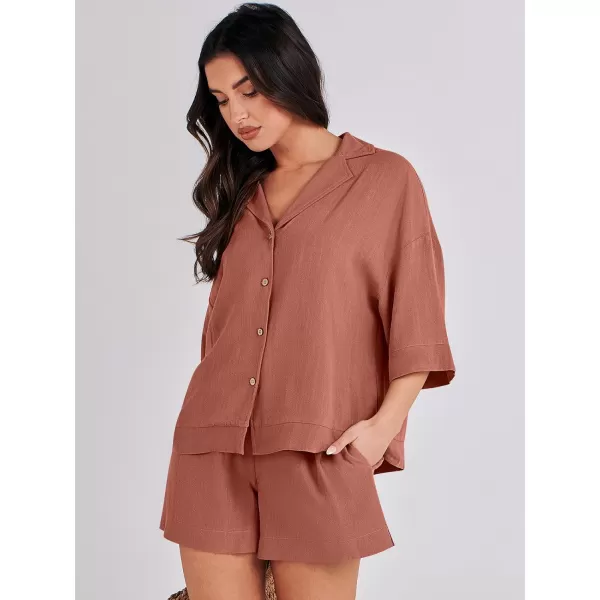 imageANRABESS Womens Summer 2 Piece Outfits Linen Sets Short Sleeve Button Tops Casual Lounge Shorts Sets with PocketsRust