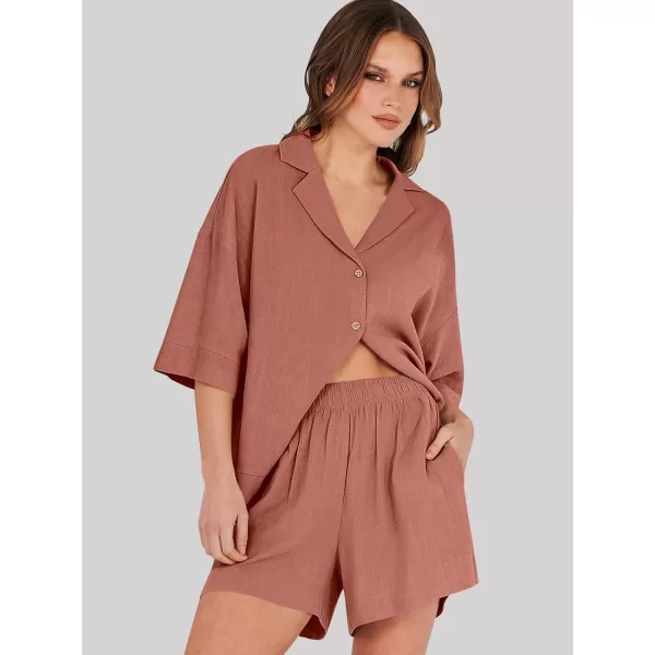 imageANRABESS Womens Summer 2 Piece Outfits Linen Sets Short Sleeve Button Tops Casual Lounge Shorts Sets with PocketsRust