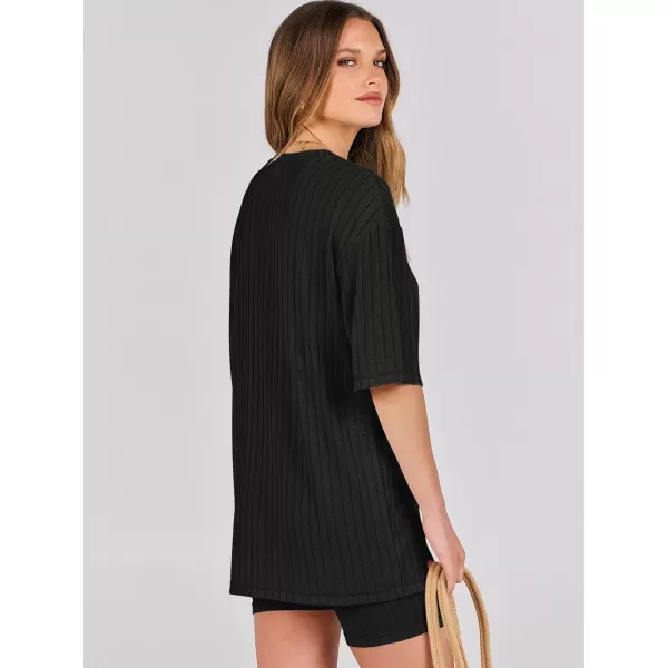 imageANRABESS Womens Summer 2 Piece Outfits Lounge Sets Ribbed Knit Short Sleeve Loose Top and Biker Shorts TracksuitBlack