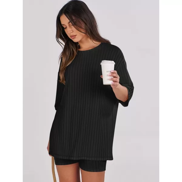 imageANRABESS Womens Summer 2 Piece Outfits Lounge Sets Ribbed Knit Short Sleeve Loose Top and Biker Shorts TracksuitBlack