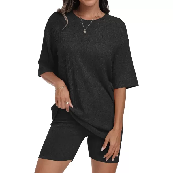 imageANRABESS Womens Summer 2 Piece Outfits Lounge Sets Ribbed Knit Short Sleeve Loose Top and Biker Shorts TracksuitBlack
