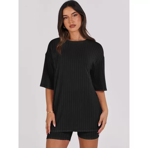 imageANRABESS Womens Summer 2 Piece Outfits Lounge Sets Ribbed Knit Short Sleeve Loose Top and Biker Shorts TracksuitBlack