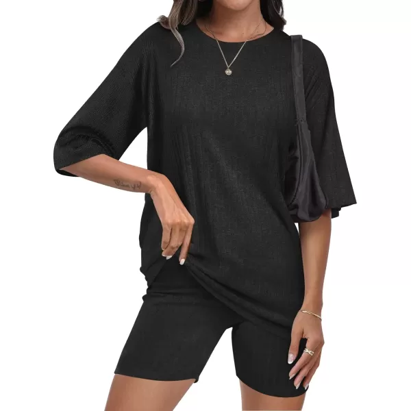 imageANRABESS Womens Summer 2 Piece Outfits Lounge Sets Ribbed Knit Short Sleeve Loose Top and Biker Shorts TracksuitBlack