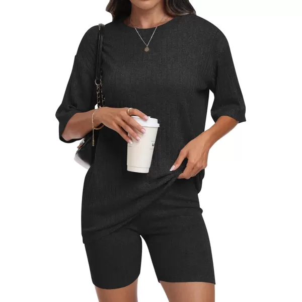 imageANRABESS Womens Summer 2 Piece Outfits Lounge Sets Ribbed Knit Short Sleeve Loose Top and Biker Shorts TracksuitBlack