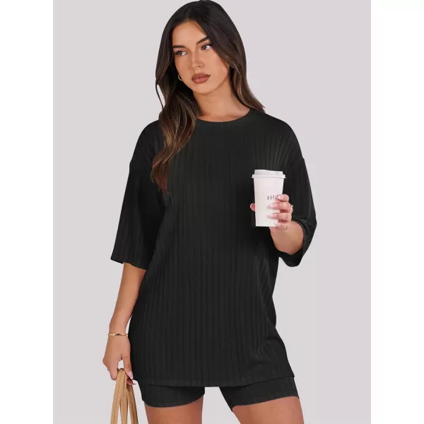 imageANRABESS Womens Summer 2 Piece Outfits Lounge Sets Ribbed Knit Short Sleeve Loose Top and Biker Shorts TracksuitBlack