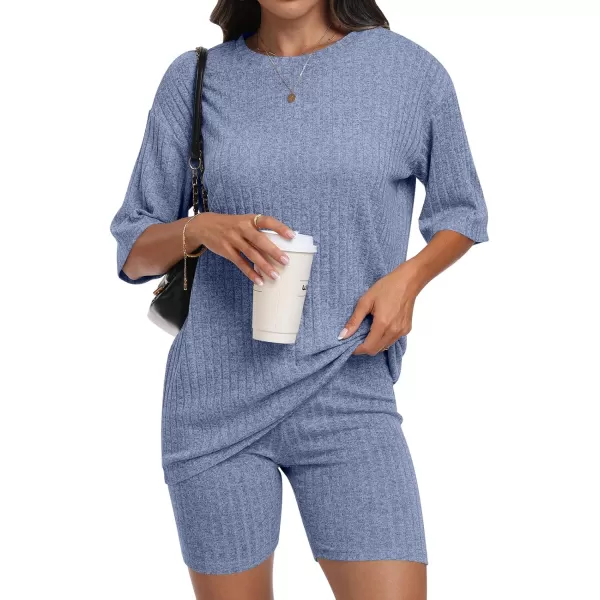 imageANRABESS Womens Summer 2 Piece Outfits Lounge Sets Ribbed Knit Short Sleeve Loose Top and Biker Shorts TracksuitBlue