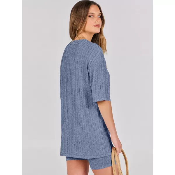 imageANRABESS Womens Summer 2 Piece Outfits Lounge Sets Ribbed Knit Short Sleeve Loose Top and Biker Shorts TracksuitBlue