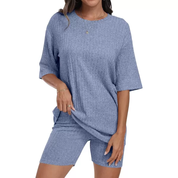 imageANRABESS Womens Summer 2 Piece Outfits Lounge Sets Ribbed Knit Short Sleeve Loose Top and Biker Shorts TracksuitBlue