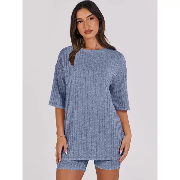 imageANRABESS Womens Summer 2 Piece Outfits Lounge Sets Ribbed Knit Short Sleeve Loose Top and Biker Shorts TracksuitBlue