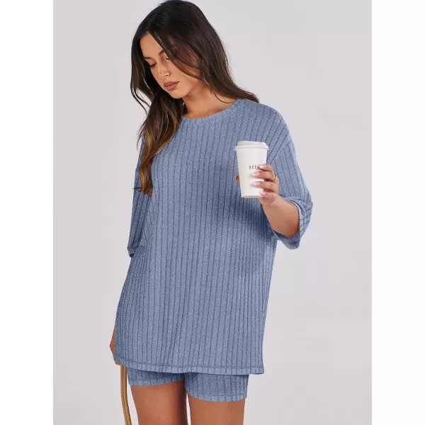 imageANRABESS Womens Summer 2 Piece Outfits Lounge Sets Ribbed Knit Short Sleeve Loose Top and Biker Shorts TracksuitBlue