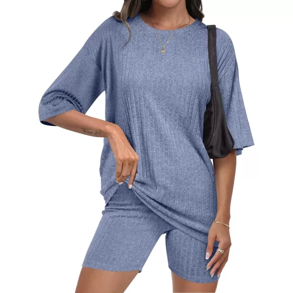 imageANRABESS Womens Summer 2 Piece Outfits Lounge Sets Ribbed Knit Short Sleeve Loose Top and Biker Shorts TracksuitBlue