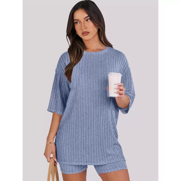 imageANRABESS Womens Summer 2 Piece Outfits Lounge Sets Ribbed Knit Short Sleeve Loose Top and Biker Shorts TracksuitBlue