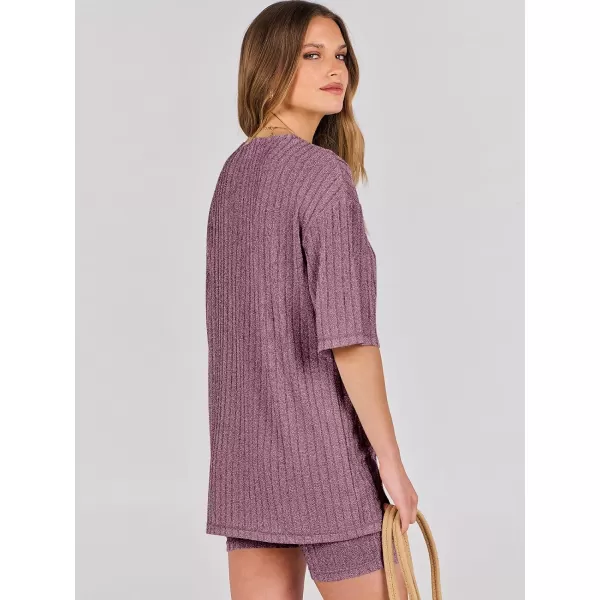 imageANRABESS Womens Summer 2 Piece Outfits Lounge Sets Ribbed Knit Short Sleeve Loose Top and Biker Shorts TracksuitBurgundy