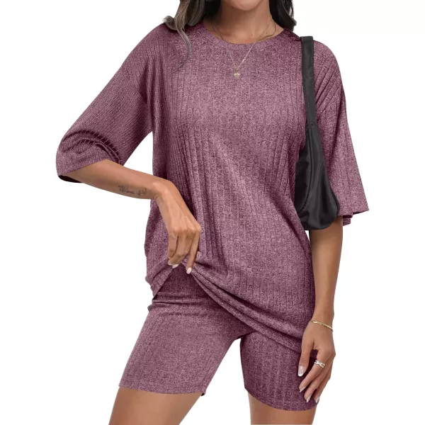 imageANRABESS Womens Summer 2 Piece Outfits Lounge Sets Ribbed Knit Short Sleeve Loose Top and Biker Shorts TracksuitBurgundy
