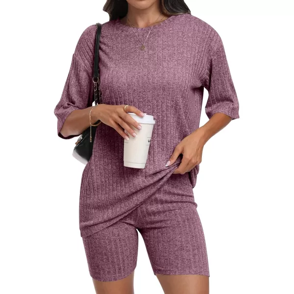 imageANRABESS Womens Summer 2 Piece Outfits Lounge Sets Ribbed Knit Short Sleeve Loose Top and Biker Shorts TracksuitBurgundy