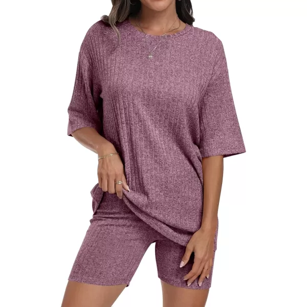 imageANRABESS Womens Summer 2 Piece Outfits Lounge Sets Ribbed Knit Short Sleeve Loose Top and Biker Shorts TracksuitBurgundy