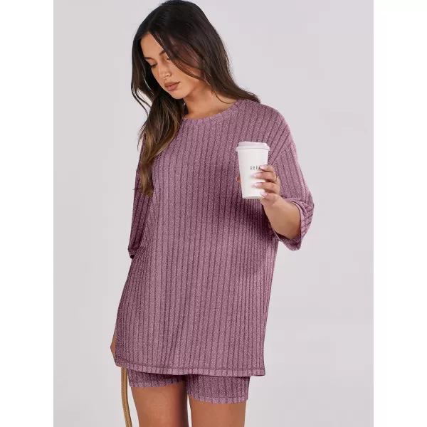 imageANRABESS Womens Summer 2 Piece Outfits Lounge Sets Ribbed Knit Short Sleeve Loose Top and Biker Shorts TracksuitBurgundy
