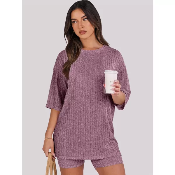 imageANRABESS Womens Summer 2 Piece Outfits Lounge Sets Ribbed Knit Short Sleeve Loose Top and Biker Shorts TracksuitBurgundy