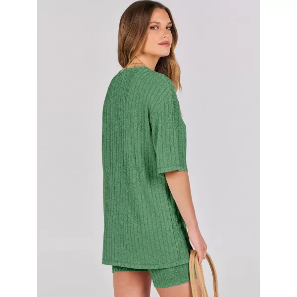 imageANRABESS Womens Summer 2 Piece Outfits Lounge Sets Ribbed Knit Short Sleeve Loose Top and Biker Shorts TracksuitGrass