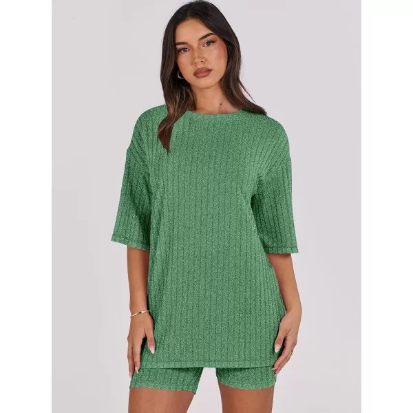 imageANRABESS Womens Summer 2 Piece Outfits Lounge Sets Ribbed Knit Short Sleeve Loose Top and Biker Shorts TracksuitGrass