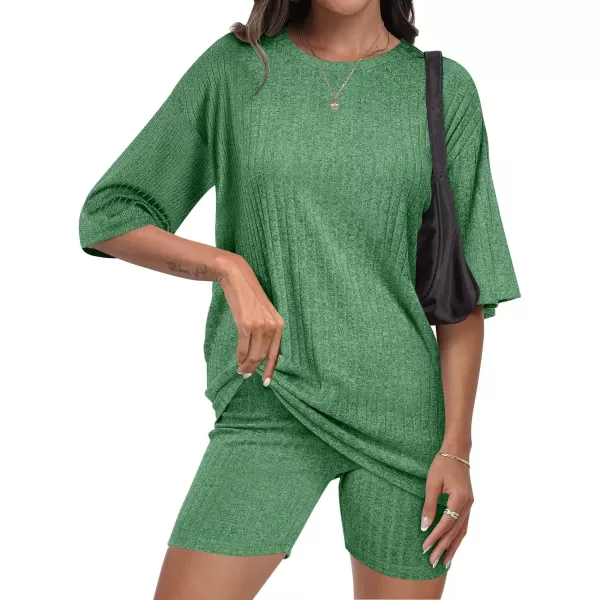imageANRABESS Womens Summer 2 Piece Outfits Lounge Sets Ribbed Knit Short Sleeve Loose Top and Biker Shorts TracksuitGrass
